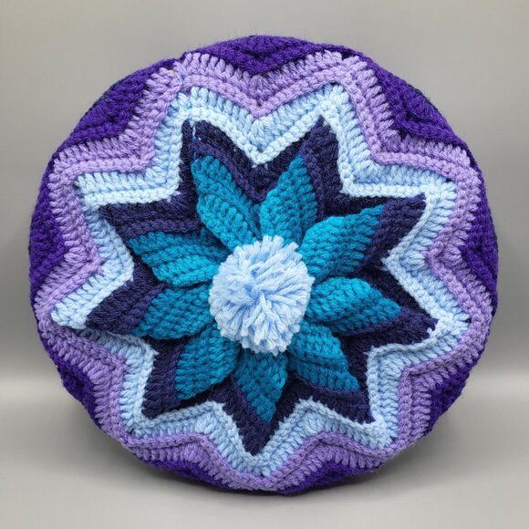 Vtg Crochet Round Granny Throw Pillow Navy Blue Purple Yarn Ruffled Handmade - Picture 3 of 11